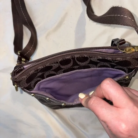 Coach Signature Jacquard Chocolate Brown Studded Crossbody Purse - Picture 4 of 10